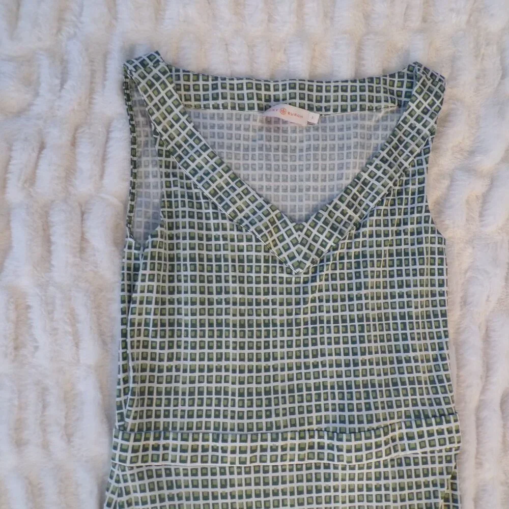 Tory Burch green patterned mini dress sleeveless silk S